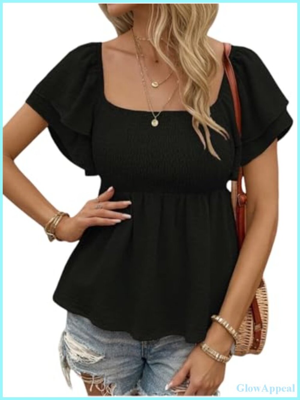Women's Square Neck Ruffle Short Sleeve Peplum Blouse Smocked Babydoll Summer